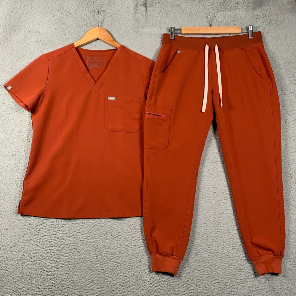 FIGS Scrub Set Womens Small Catarina Top & Zamora Jogger Pant Rust Orange V-Neck